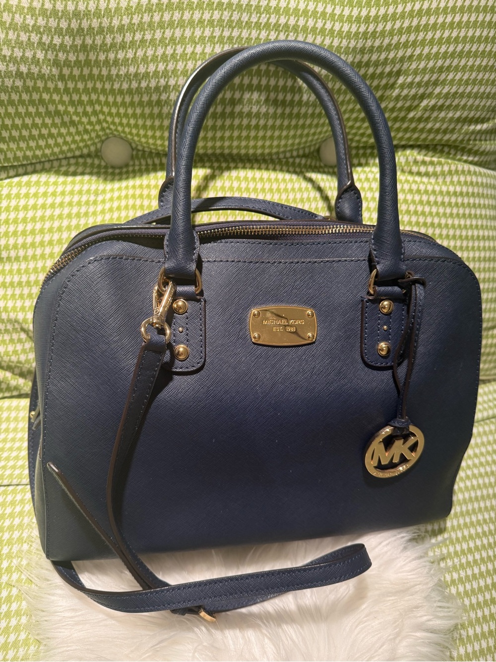 Michael Kors Navy Saffiano Dome Satchel with Gold Hardware